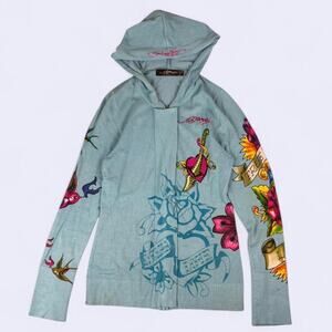 Y2k Ed Hardy Zip Up Hoodie RARE Womens Size Medium Blue Tattoo Geisha Rhinestone